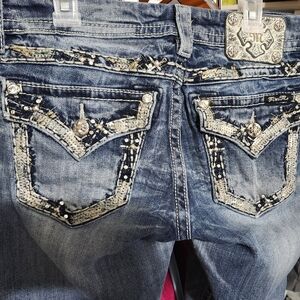 Miss Me Blue Ankle Cropped Jeans with Rhinestone Accents